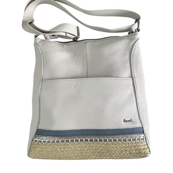 The Sak Lucia Crossbody Bag Purse Ivory Leather Raffia Trim Adjustable Strap - Picture 1 of 10